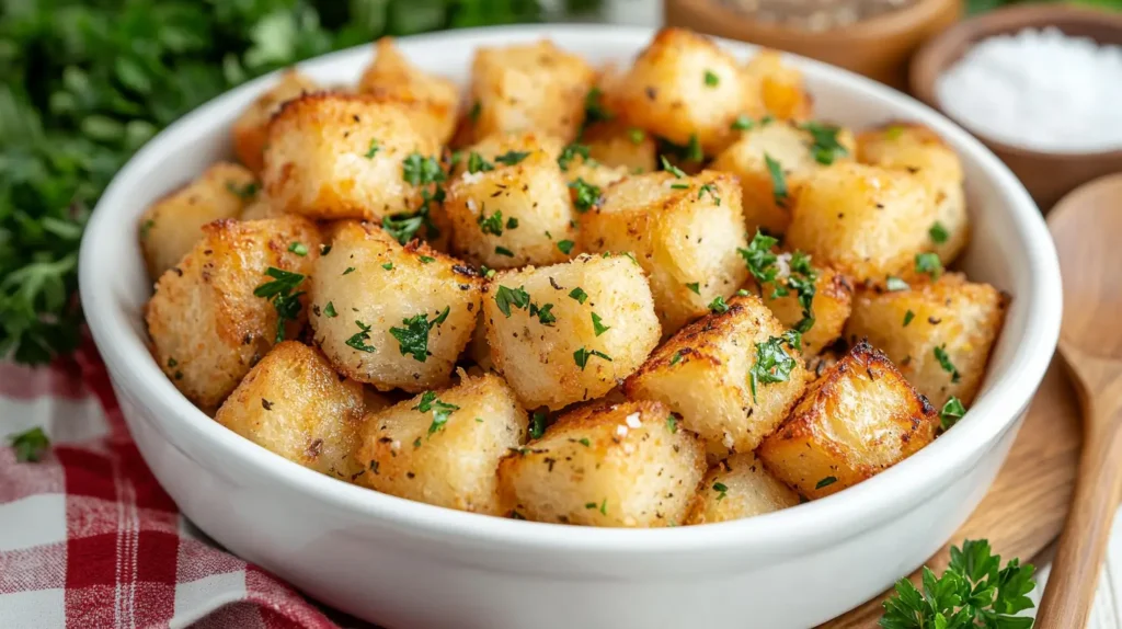 Golden, crispy gluten free stuffing cubes garnished with fresh parsley in a white bowl.