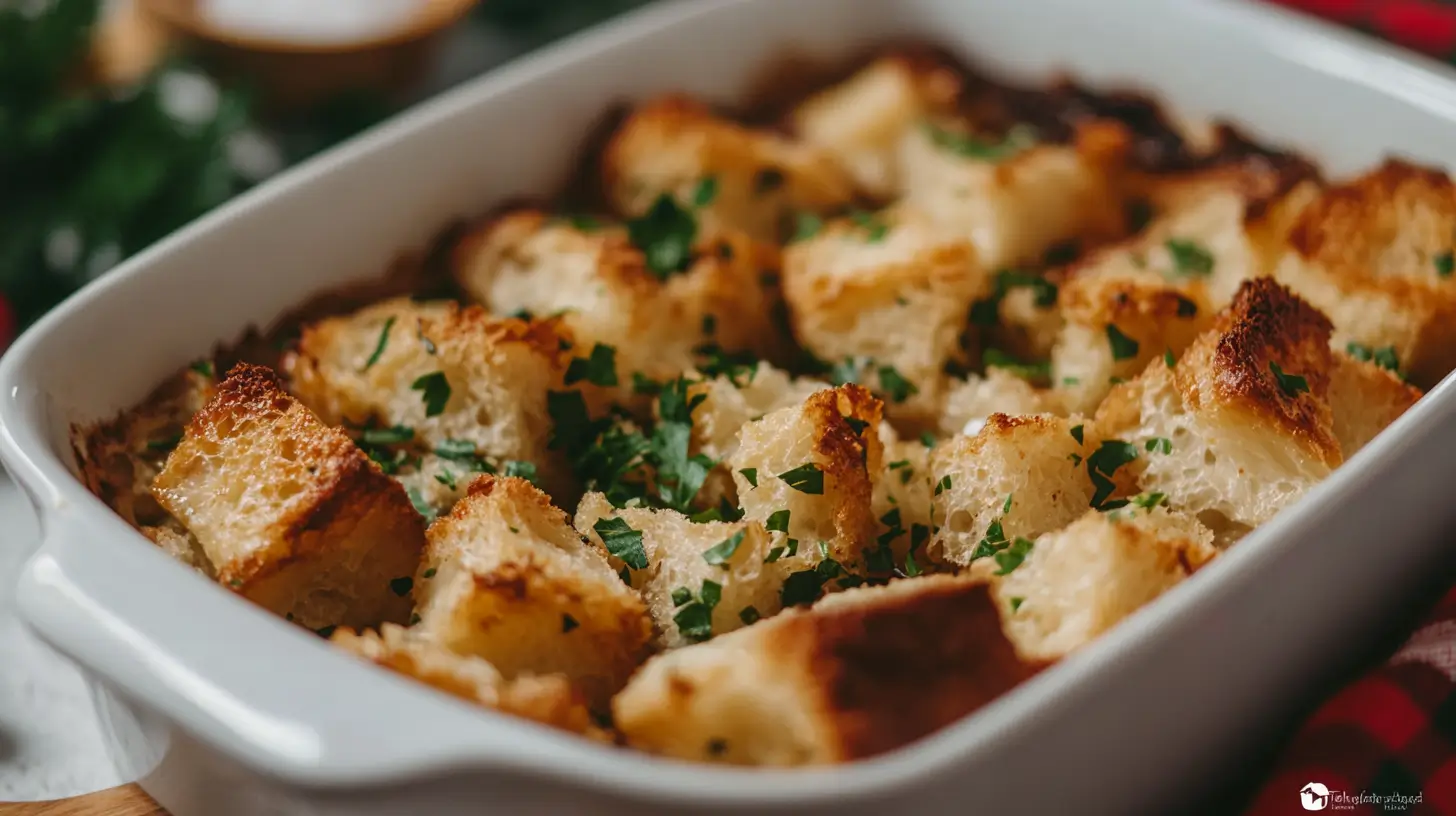 Close-up of gluten free stuffing in a white baking dish, topped with fresh parsley.