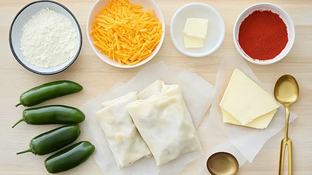 Ingredients for Egg Roll Wrapper Goat Cheese Jalapeño Recipe, including jalapeños, shredded cheddar, butter, paprika, goat cheese, and egg roll wrappers.