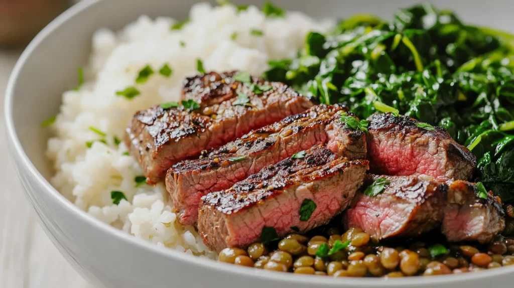 Close-up of lamb lentils rice spinach dish with grilled lamb, white rice, sautéed spinach, and lentils garnished with parsley.