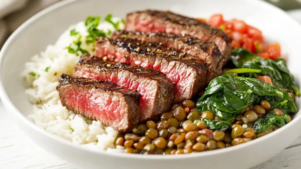 Lamb lentils rice spinach dish featuring grilled lamb, lentils, spinach, and rice with fresh herbs and diced tomatoes.