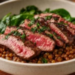 Close-up of lamb lentils rice spinach recipe with grilled lamb slices, lentils, rice, and fresh spinach.