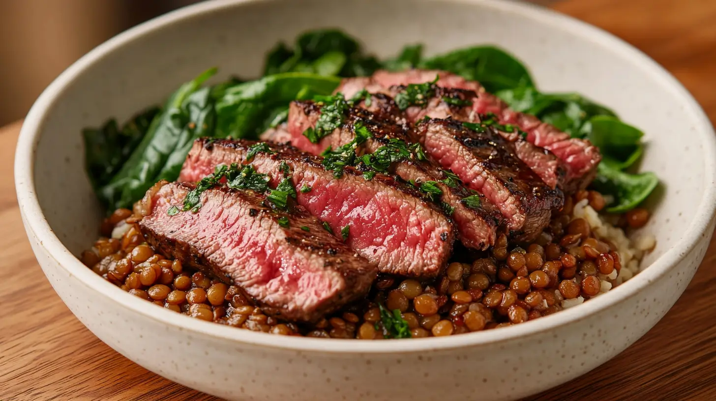 Close-up of lamb lentils rice spinach recipe with grilled lamb slices, lentils, rice, and fresh spinach.