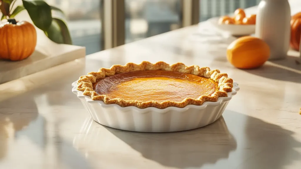 Whole no bake pumpkin pie in a white pie dish with pumpkins in the background.