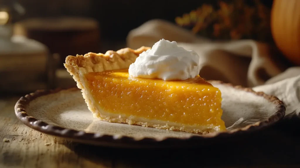 Slice of no bake pumpkin pie topped with whipped cream on a rustic plate.