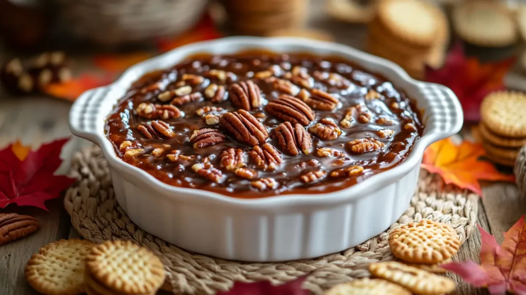 Close-up of a rich and creamy pecan pie dip topped with toasted pecans, served in a white dish surrounded by cookies, creating a cozy autumn ambiance.