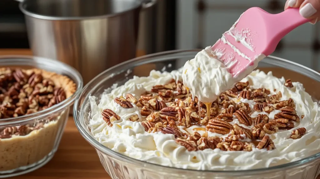 A mixing bowl filled with whipped cream and toasted pecans being layered with a pink spatula, showcasing the preparation of a pecan pie dip.