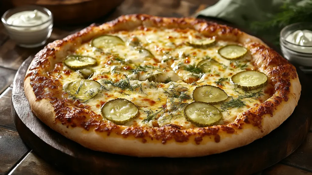 Pickle pie pizza with golden crust, melted cheese, dill garnish, and pickle slices on a wooden board