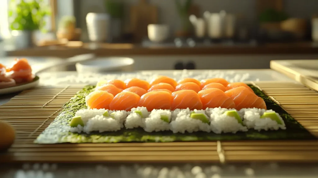 Fresh ingredients for a Salmon Avocado Roll, including salmon slices, avocado, and sushi rice, arranged on nori and a bamboo mat in a bright kitchen setting.