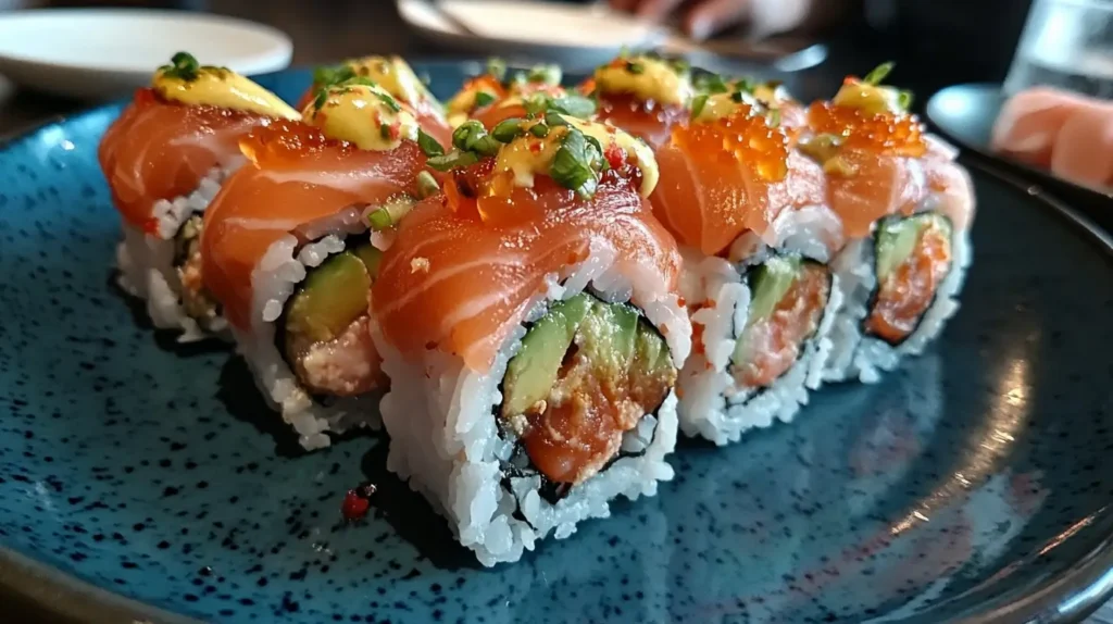 Close-up of a Salmon Avocado Roll served on a blue plate, featuring fresh salmon slices, avocado, sushi rice, and garnishes like green onions and roe.