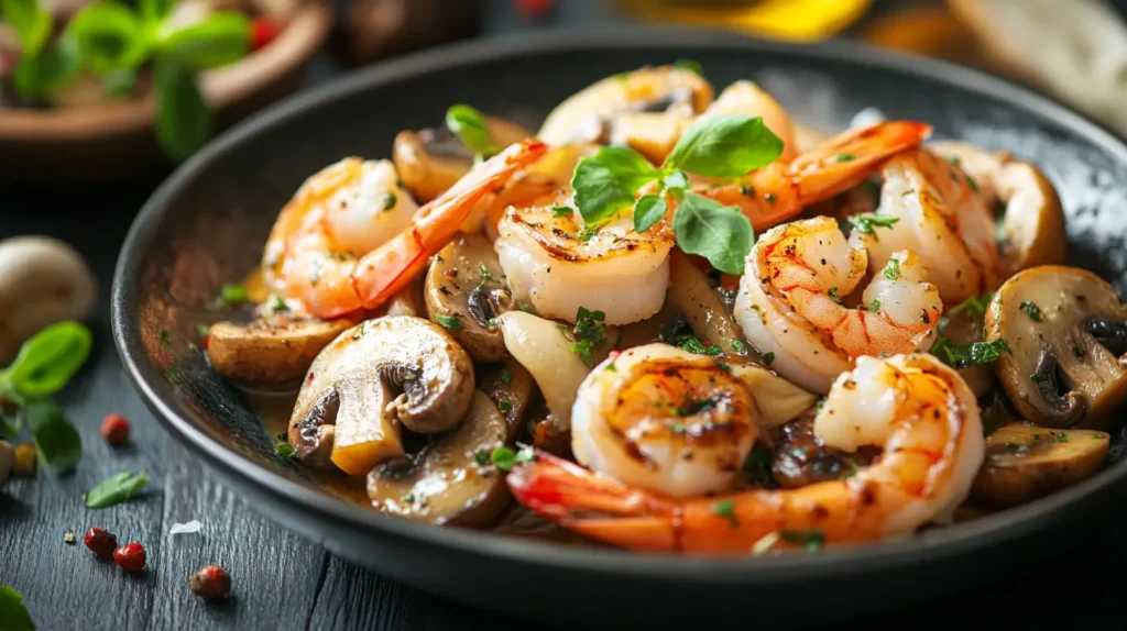 Grilled shrimp and sautéed mushrooms garnished with fresh basil leaves served on a black plate.