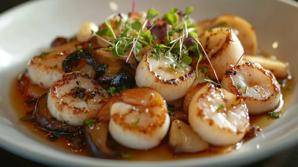 Pan-seared scallops served with sautéed seafood mushrooms and garnished with fresh microgreens on a white plate.