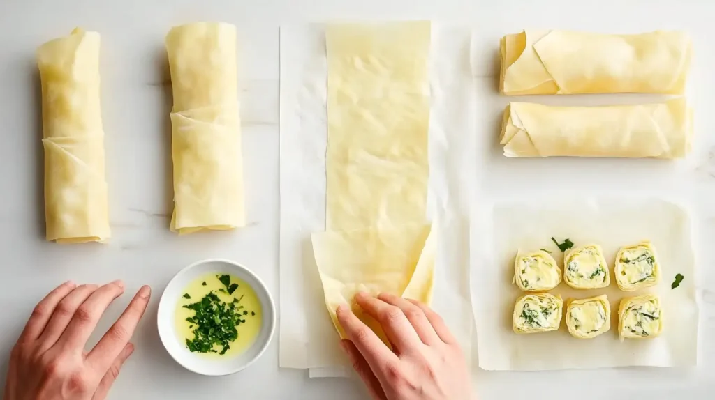 Step-by-step process of preparing Egg Roll Wrapper Goat Cheese Jalapeño Recipe, including filling, rolling, and sealing the wrappers.