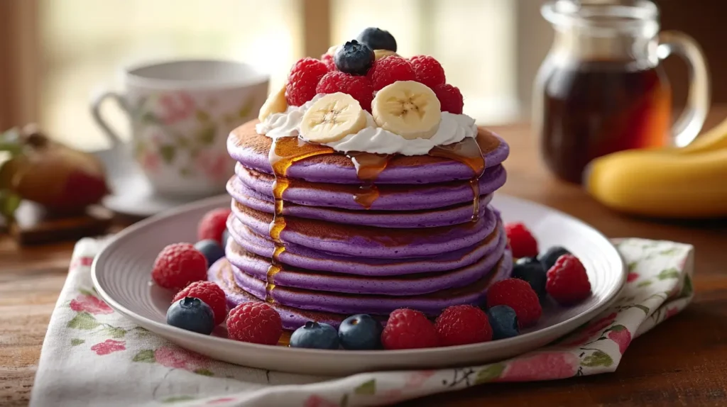 a stack of pancakes with berries and syrup on top