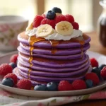 a stack of pancakes with berries and syrup on top