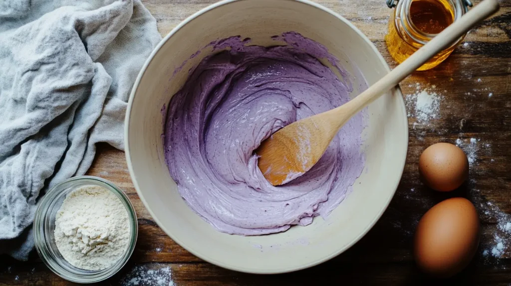 Taro pancake batter being mixed in a bowl with a wooden spoon, surrounded by ingredients like flour, eggs, and honey on a rustic wooden surface.