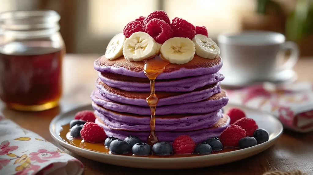 A stack of taro flavored pancakes topped with fresh raspberries, banana slices, and drizzled with maple syrup, served with blueberries on a rustic table.