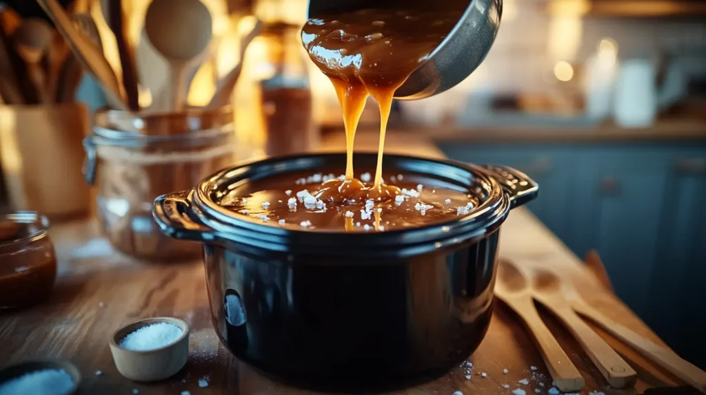 A pot of rich caramel being poured into a black crockpot, garnished with sea salt flakes, surrounded by jars and wooden utensils on a wooden countertop.