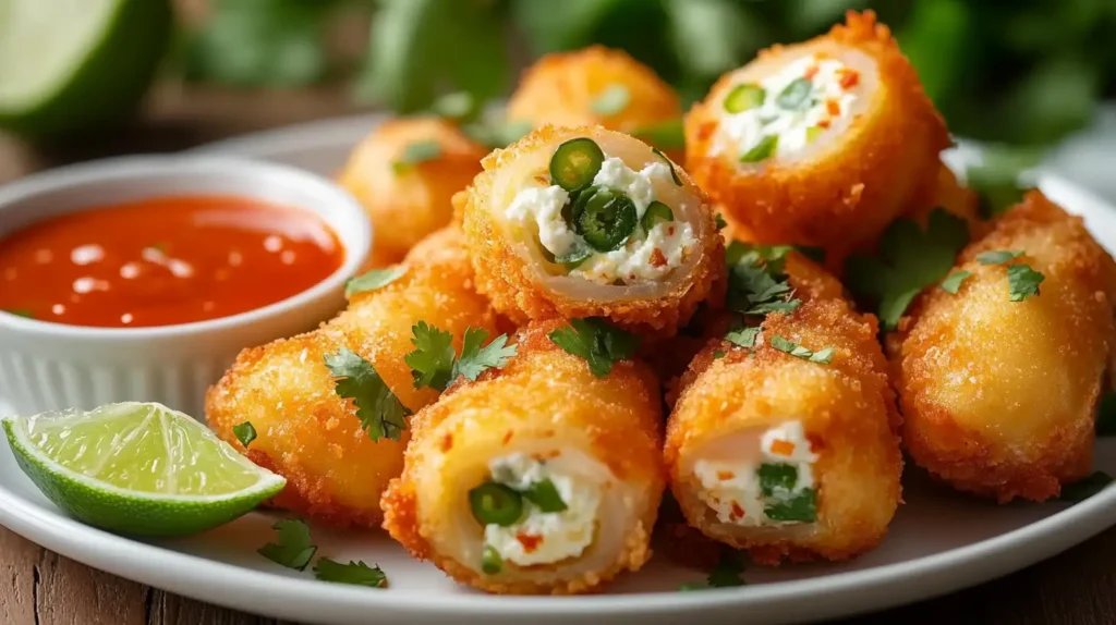 Close-up of crispy Egg Roll Wrapper Goat Cheese Jalapeño appetizers, garnished with fresh cilantro and served with red dipping sauce and lime wedges.