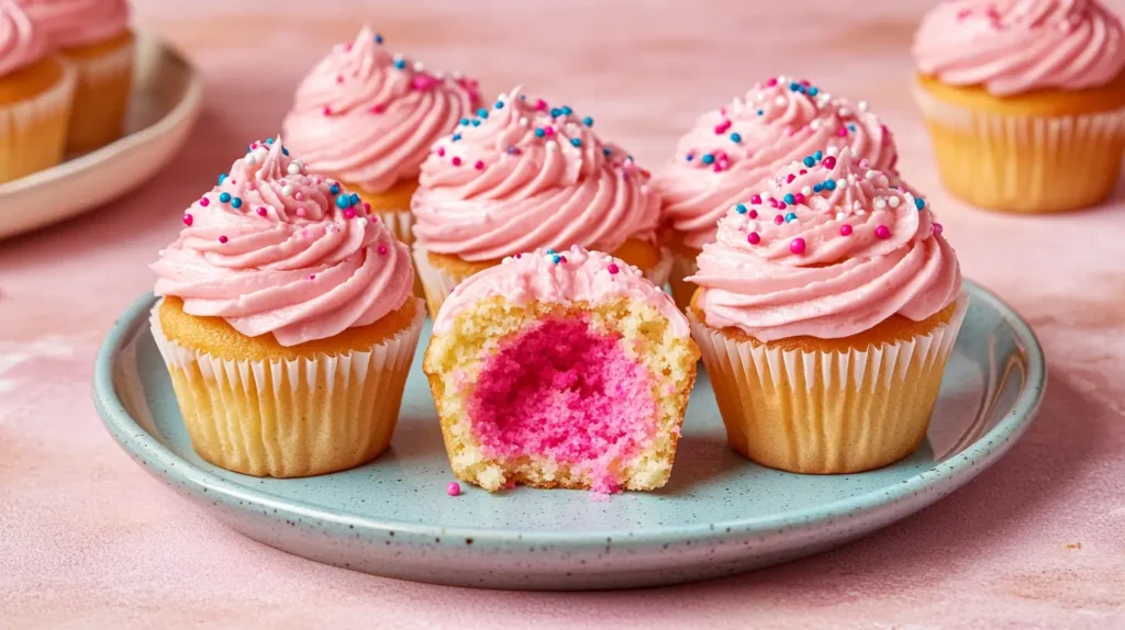 Pink gender reveal cupcakes with pink frosting, topped with blue, pink, and white sprinkles