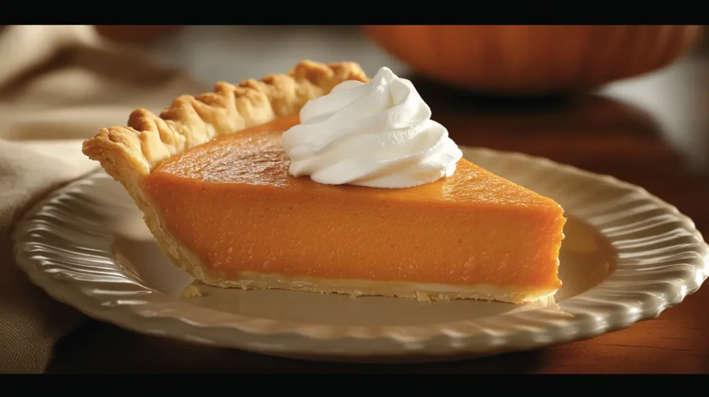 Slice of no bake pumpkin pie topped with whipped cream on a white plate.