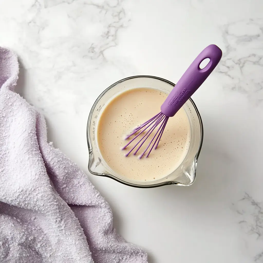 A glass measuring cup filled with a creamy sauce being whisked with a purple-handled whisk on a marble countertop.