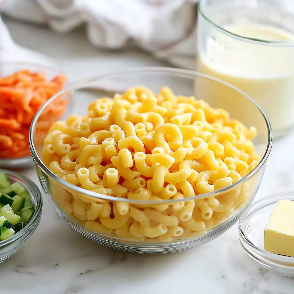 A glass bowl filled with cooked elbow macaroni, surrounded by shredded carrots, diced zucchini, butter, and milk on a marble countertop.