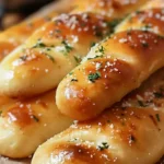 Soft, golden-brown Olive Garden-style breadsticks brushed with garlic butter and sprinkled with parsley and salt.