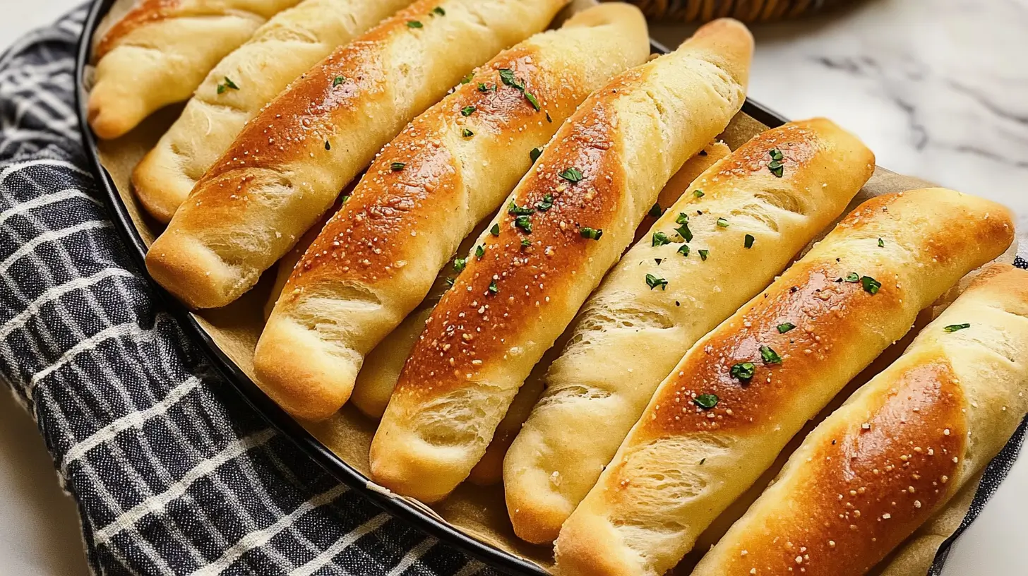 Golden-brown homemade Olive Garden-style breadsticks topped with garlic butter and parsley, served in a black tray.