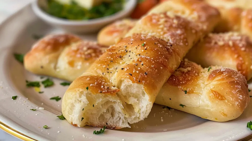 A soft and fluffy Olive Garden-style breadstick with a golden crust, torn open to reveal its airy texture, sprinkled with garlic butter and parmesan.