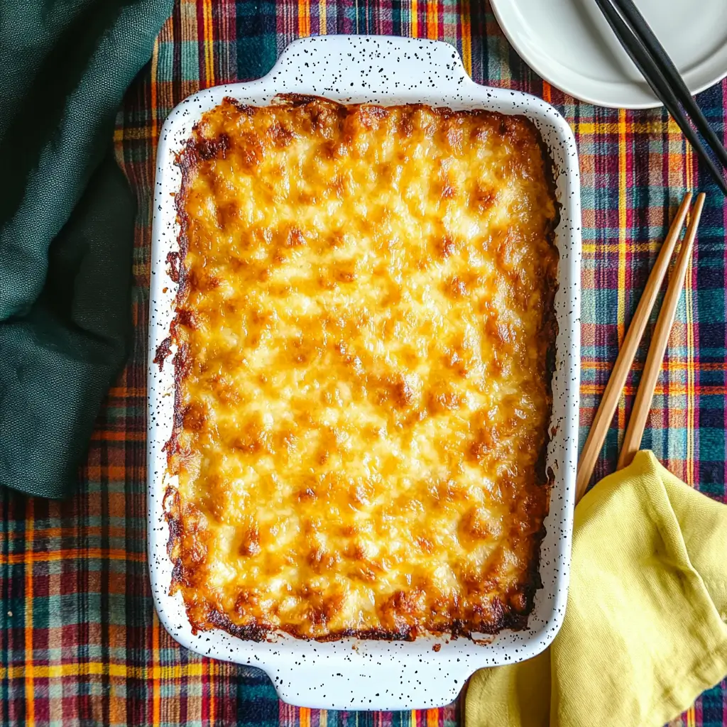 Baked macaroni and cheese with a golden, crispy cheese topping in a white speckled casserole dish.