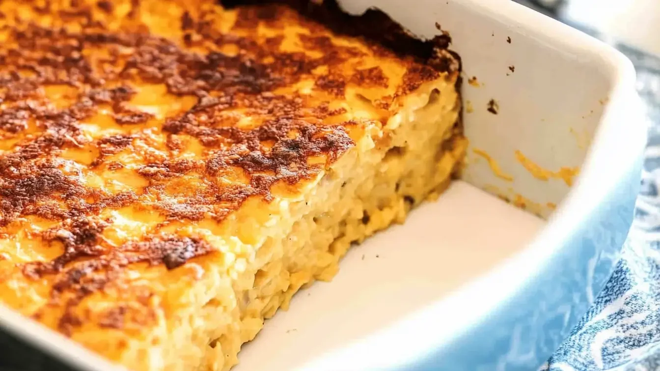 Baked macaroni and cheese with a crispy golden crust in a white casserole dish.