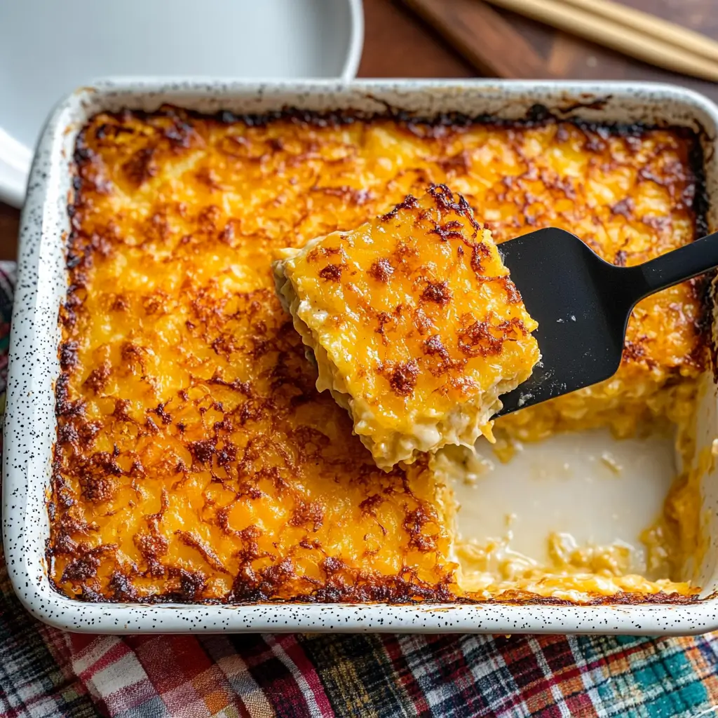 A serving of baked macaroni and cheese with a crispy golden top being lifted from a casserole dish.