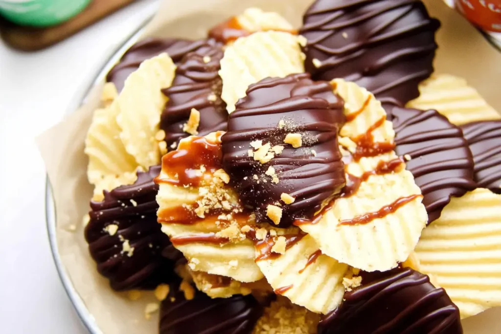 Ridged potato chips dipped in chocolate and topped with caramel drizzle and crushed nuts.