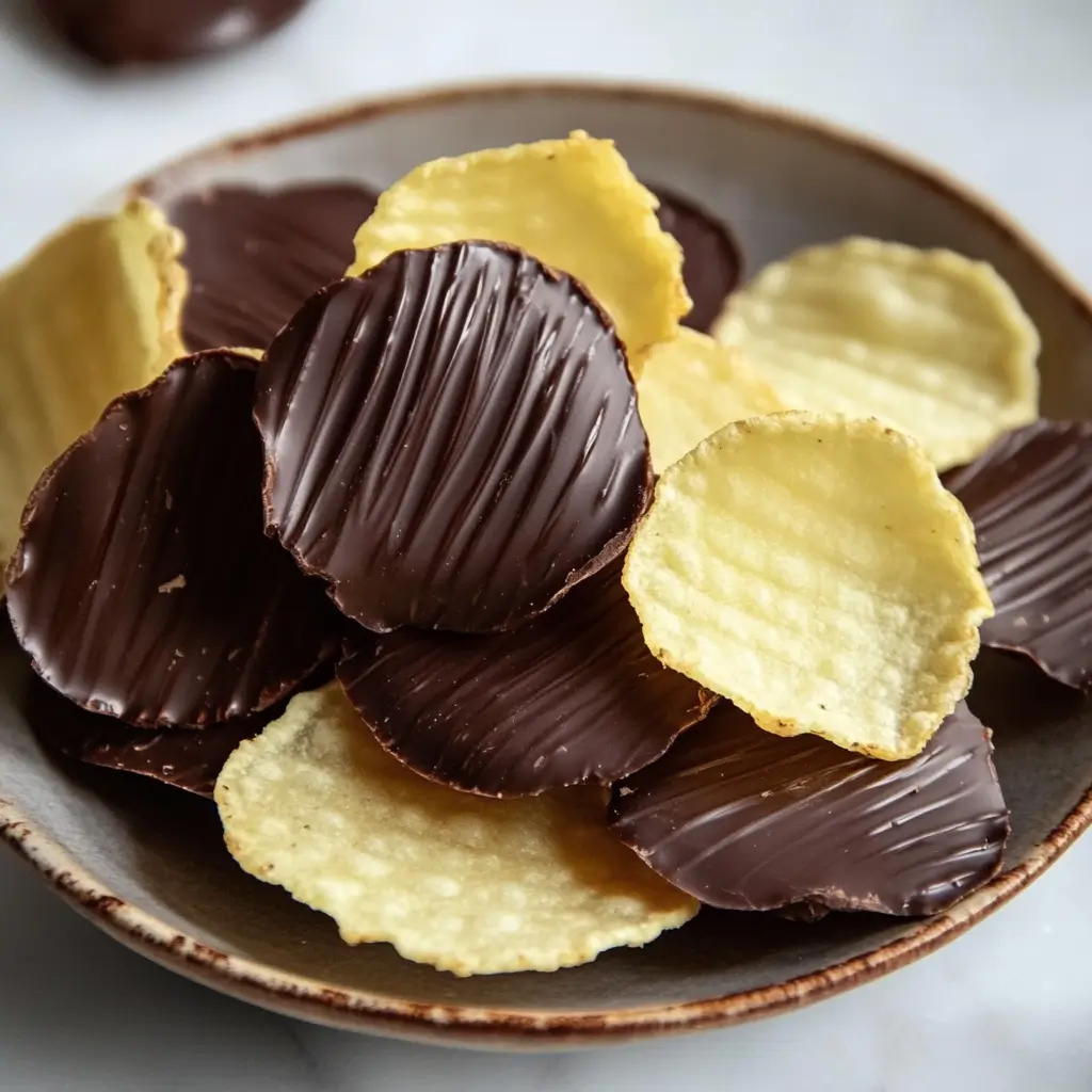 Ridged potato chips half-dipped in smooth dark chocolate served in a rustic bowl.