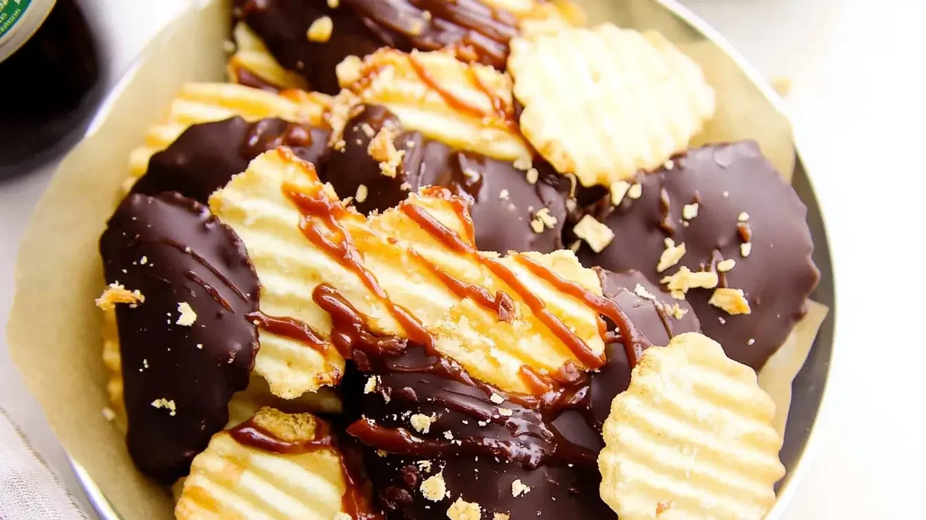 Chocolate-covered potato chips with caramel drizzle and crushed toppings on a plate.
